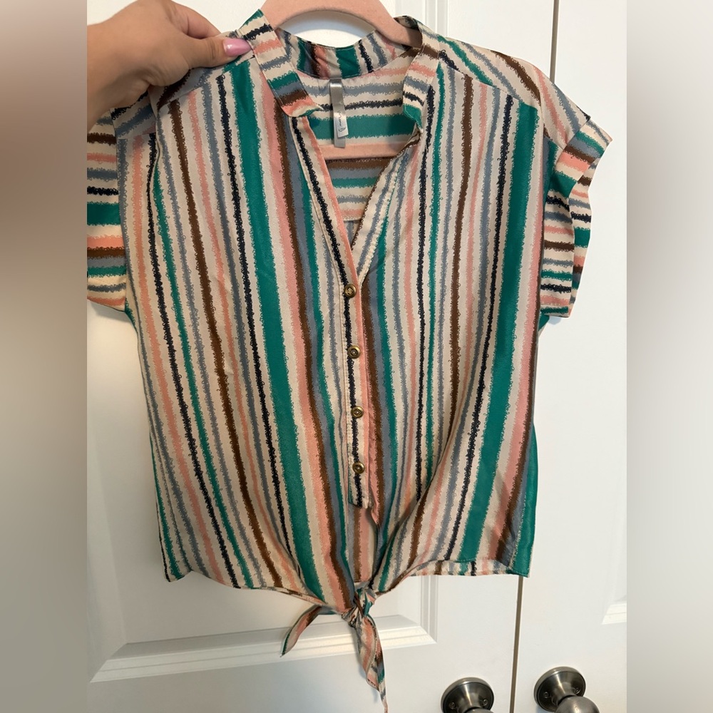 Mono B Multicolor Striped Button-Down Top